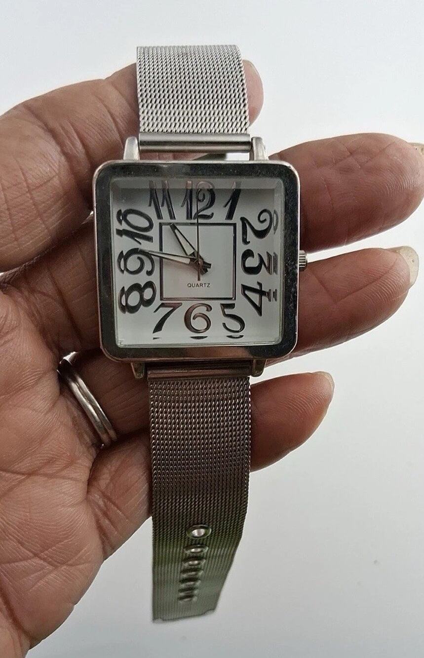Womens Accutime Square Silver Tone Crazy Numbers Dial Mesh Band Watch K1413